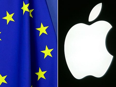 This combination of file photos shows European Union flag at the European Commission building in Brussels, on April 23, 2021, and the logo of US Apple computer group, on September 20, 2005 in Paris. 