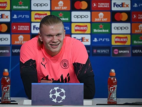 Manchester City's Norwegian striker Erling Haaland attends a press conference at training ground in north-west England on Tuesday.