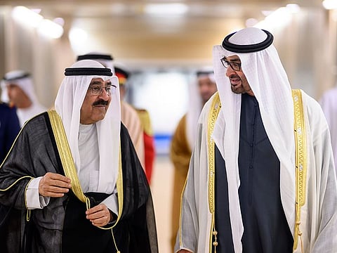President His Highness Sheikh Mohamed bin Zayed Al Nahyan (R), with His Highness Sheikh Meshal Al Ahmad Al Jaber Al Sabah, Emir of Kuwait (L) in Abu Dhabi on Tuesday 