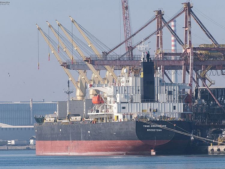 A view shows Barbados-flagged bulk carrier vessel True Confidence, in Ravenna, Italy, on March 10, 2022.  