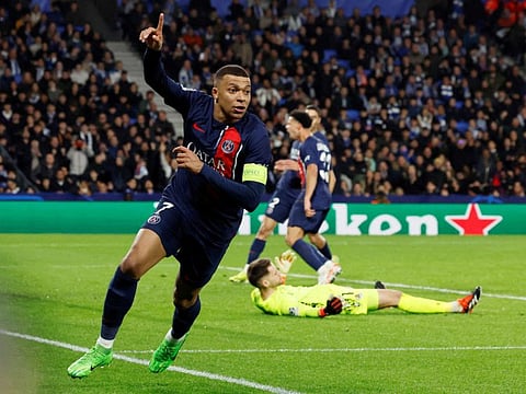 Paris St Germain's Kylian Mbappe celebrates scoring their second goal during the Champions League Round of 16 Second Leg match against Real Sociedad at Reale Arena, San Sebastian, Spain on Tuesday.