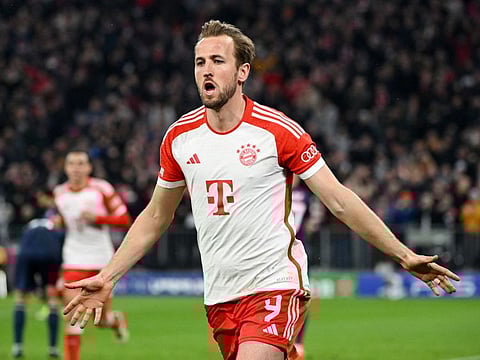 Bayern Munich's Harry Kane celebrates after scoring the team's first goal against Lazio at Allianz Arena on Tuesday.