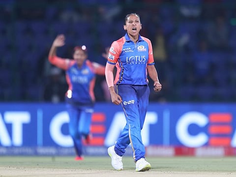 Shabnim Ismail of Mumbai Indians celebrates the wicket of Shafali Verma of Delhi Capitals during the Women’s Premier League at the Arun Jaitley Stadium, New Delhi on Tuesday.