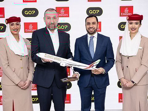 From left to right, Peer Winter, Chief Distribution Officer GO7 and Adnan Kazim, Emirates' Deputy President and Chief Commercial Officer after signing an MoU at ITB Berlin.