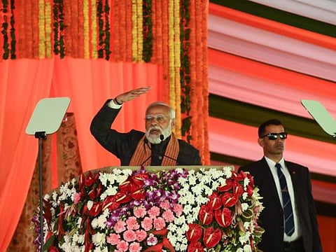 India’s Prime Minister Narendra Modi speaks during a rally at the Bakshi Stadium in Srinagar, on March 7, 2024.  