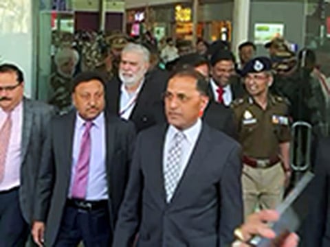 Chief Election Commissioner Rajiv Kumar (second left) with Election Commissioner Arun Goel (first right) at Amauishi Airport in Lucknow as they arrive on their three-day visit to review the poll preparedness ahead of the Lok Sabha elections on February 29.