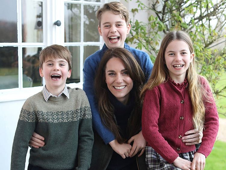 Princess of Wales with her children, Prince Louis, left, Prince George and Princess Charlotte, taken in Windsor, England, by Prince William earlier this week.   