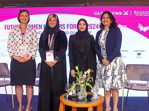 Panel discussion -Navigating the Boardroom: Strategies for Success
Moderator Noni Edwards, , Shamsa Al Falasi,CEO, UAE Onshore, Citi Bank, Muna Al Ghurair, Head of Marketing & Corporate Communications, Mashreq and  Dr Jean Shahdadpuri, Managing Director, Nikai Group of Companies  Photo: Virendra Saklani/Gulf News