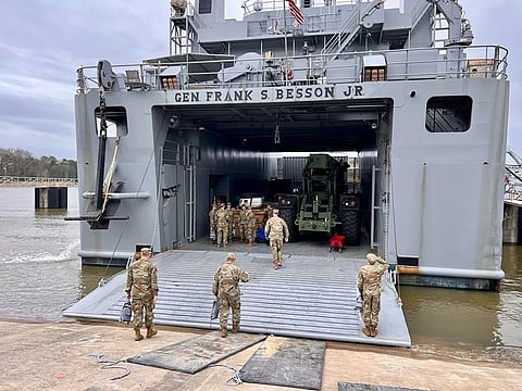 US Army Vessel (USAV) General Frank S. Besson (LSV-1)  prepares to depart Joint Base Langley-Eustis, Virginia on March 9, 2024, en route to the Eastern Mediterranean less than 36 hours after President Biden announced the US would provide humanitarian assistance to Gaza by sea.  