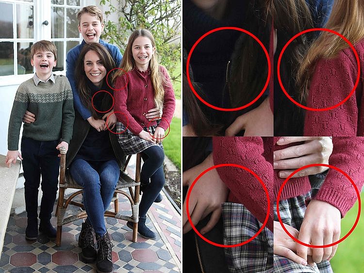 A combination of pictures made on March 11, 2024 shows a handout photo released by Kensington Palace on March 10, 2024 of Britain's Catherine, Princess of Wales with her children, alongside a version highlighting several inconsistencies in alignments after it came to light that the handout had been manipulated.  