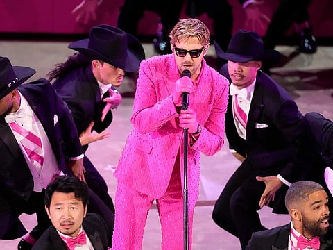 Ryan Gosling performs the song "I'm Just Ken" from the movie "Barbie" during the Oscars on Sunday, March 10, 2024, at the Dolby Theatre in Los Angeles. 