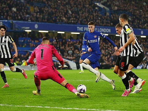 Chelsea's Cole Palmer attempts to score during a Premier League football match against Newcastle United at Stamford Bridge, London, Britain on Monday.