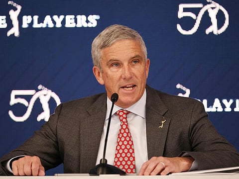 PGA Tour Commissioner Jay Monahan speaks during a press conference prior to The Players Championship on the Stadium Course at TPC Sawgrass on Tuesday.