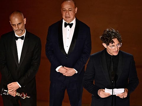 Jonathan Glazer makes his speech after winning the Oscar for Best International Feature Film for "The Zone of Interest" during the 96th Annual Academy Awards at the Dolby Theatre in Hollywood, California on March 10, 2024