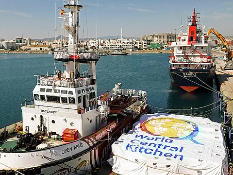 This handout photograph released on March 12, 2024 by the Proactiva Open Arms (POA) shows the Open Arms vessel with the humanitarian food aid at the Cypriot port of Larnaca. 