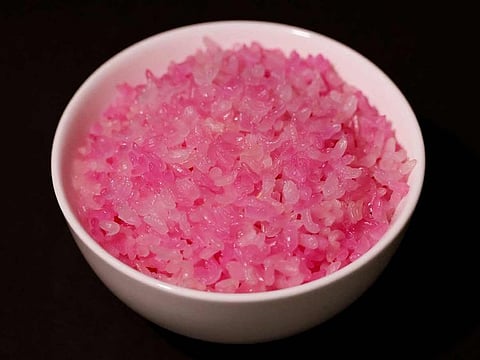 Hybrid beef rice, elaborated using cow muscle and fat stem cells, is set on a table in Seoul. 