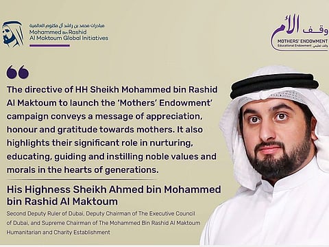  The Mohammed Bin Rashid Al Maktoum Humanitarian and Charity Establishment announces on Tuesday a donation of Dh20 million to the ‘Mothers’ Endowment’ campaign.