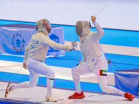 Khalid Mubarak struck the gold in the senior men’s sabre after securing a narrow 15-13 win against countryman Khalifa Alebri, 