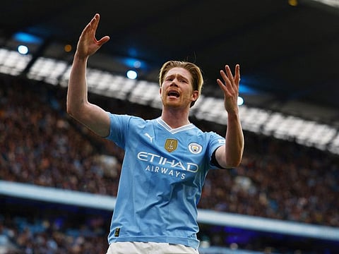 Manchester City's Kevin De Bruyne reacts during a Premier League match .