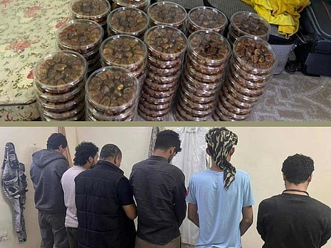 The unhealthy merchandise (above) and some suspects (below) seized in the raid.  