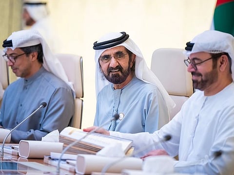(centre) His Highness Sheikh Mohammed bin Rashid Al Maktoum, Vice President and Prime Minister of the UAE and Ruler of Dubai; (L) Sheikh Mansour bin Zayed Al Nahyan, Vice President, Deputy Prime Minister and Chairman of the Presidential Court; and (R) Mohammad Abdullah Al Gergawi, Minister of Cabinet Affairs, during the Cabinet meeting at Qasr Al Watan in Abu Dhabi on Monday