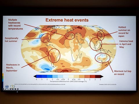 A slideshow on Extreme heat events by World Meteorological Organization (WMO) is displayed during a press conference on the WMO's 2023 global climate report in Geneva, on March 19, 2024. 