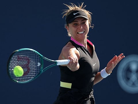 Paula Badosa of Spain returns a shot to Simona Halep of Romania during her women's singles match during the Miami Open at Hard Rock Stadium on Tuesday.