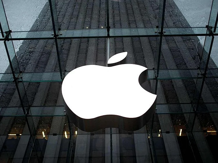 The Apple Inc. logo is seen in the lobby of New York City's flagship Apple store. 