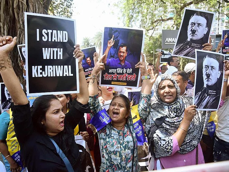 Aam Aadmi Party (AAP) workers stage a protest 