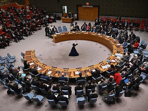 The UN Security Council meets on a motion for a Gaza ceasefire and hostage deal vote at UN headquarters in New York, on March 22, 2024. 