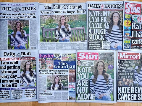 A montage of the front pages of some of Britain's newspapers in London, on Saturday, March 23, 2024. Britain's Kate, Princess of Wales' revelation that she is undergoing treatment for cancer has sparked an outpouring of support and well wishes from around the world. 