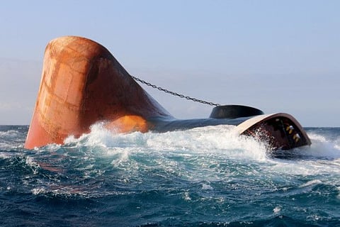 This picture taken on March 23, 2024 shows the Rubymar cargo ship partly submerged off the coast of Yemen. The bulk carrier went down off Yemen after a Houthi missile attack and poses grave environmental risks as thousands of tonnes of fertiliser threaten to spill into the Red Sea, officials and experts warn.  