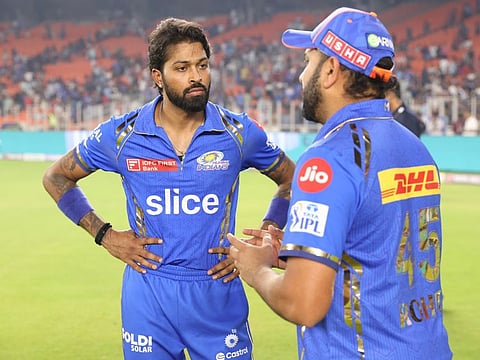 Mumbai Indians skipper Hardik Pandya with former captain Rohit Sharma. Pandya’s replacement of Sharma drew fans’ ire, and three losses in a row have made it worse.
