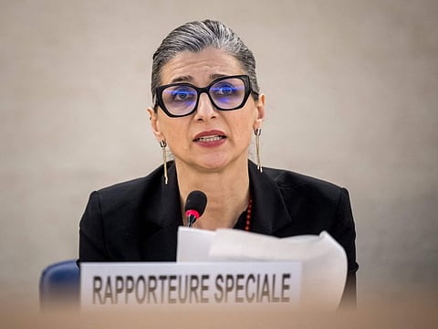 United Nations Special Rapporteur on the Rights Situation in the Palestinian Territories, Francesca Albanese, delivers her rapport during a session of the UN Human Rights Council, in Geneva, on March 26, 2024.  