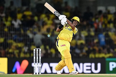 Chennai Super Kings' Rachin Ravindra takes the aggressive route during the Indian Premier League match against Gujarat Titans at the MA Chidambaram Stadium in Chennai on Tuesday.