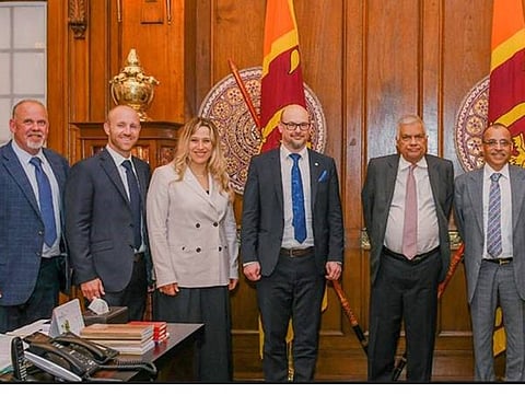 Sri Lanka President Ranil Wickremesinghe  with Shell Brands International AG Business Development Manager Laszlo Baksa, Shell Mobility Licensed Markets Business Development Lead Melanie Erhard, Tristar Group CEO Eugene Mayne,  and RM Parks Inc. President Jason Callison and Vice President Justin Divis. 