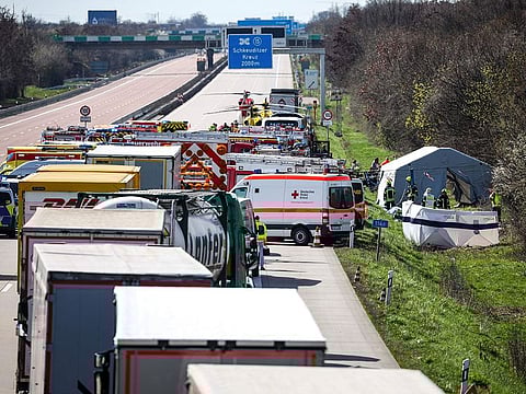 Emergency vehicles and rescue helicopters are at the scene of the accident on the A9, near Schkeuditz, Germany.