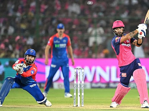 Rajasthan Royals' Riyan Parag in action during the Indian Premier League match against Delhi Capitals at the Sawai Mansingh Stadium in Jaipur on Thursday.