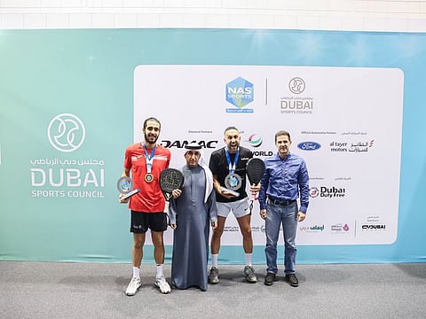Iranian pairing of Arya Roghani and Hami Golestan, the winners of Nad Al Sheba Padel Pairs Exhibition Competition, with . 