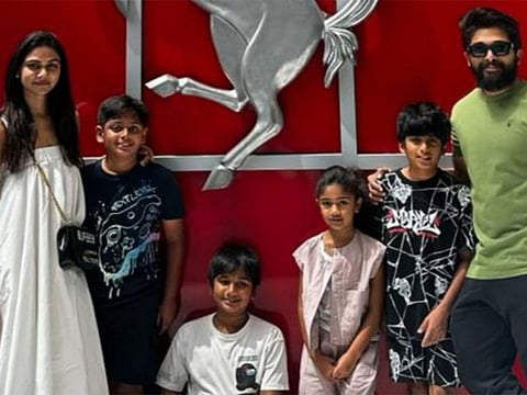 Allu Arjun poses with wife Sneha and kids in Dubai.