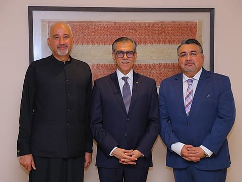 (From Left) Pakistan Ambassador Faisal Niaz Trimizi; President of the Aga Khan University Dr Sulaiman Shahabuddin and Aziz Merchant, President of the Ismaili Community in UAE at the Isamili Centre in Dubai. 