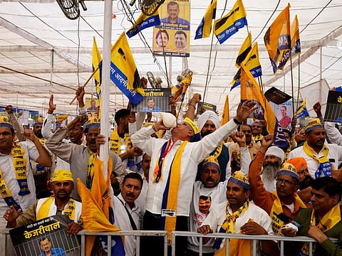 Supporters of India's Aam Aadmi Party attend a protest rally against the arrest of the party's main leader and Delhi Chief Minister Arvind Kejriwal, at the Ramlila Ground in New Delhi on March 31, 2024.  