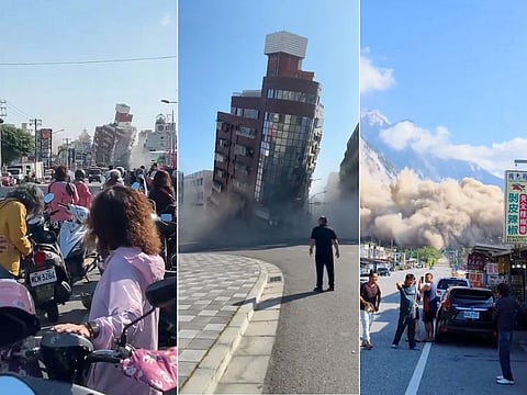 Scenes from eastern Taiwan showing a partially-collapsed building in Hualien following a powerful tremor on Wednesday, April 3, 2024.