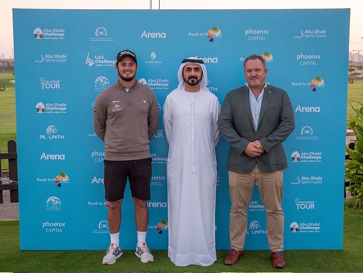 Joshua Grenville-Wood is pictured with Akram Skaik, Director General Emirates Golf Federation and Freddie Schmeisser Head of Championships DP World Tour Middle East 