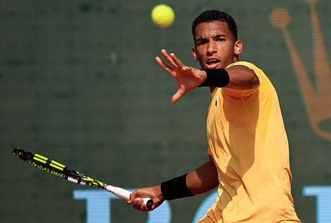 Canada's Felix Auger-Aliassime in action against Italy's Luca Nardi during their Monte Carlo ATP Masters Series Tournament on the Rainier III court at the Monte Carlo Country Club on Monday.