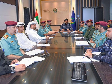 Major General Ali Abdullah bin Alwan Al Nuaimi, Commander-in-Chief of Ras Al Khaimah Police, heads the Eid security meeting at the General Command of Ras Al Khaimah Police.