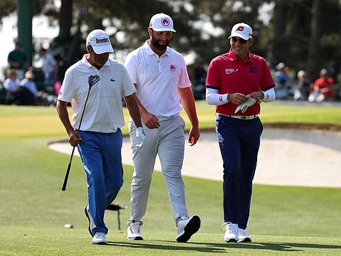 Spain's Sergio Garcia, Jon Rahm and Jose Maria Olazabal on the third hole during a practice round at The Masters, Augusta National Golf Club on Wednesday.