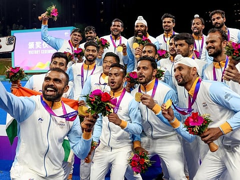 Indian team pose for a selfie with their gold medals after beating Japan 5-1 in the Asian Games final at Hangzhou in October last year.