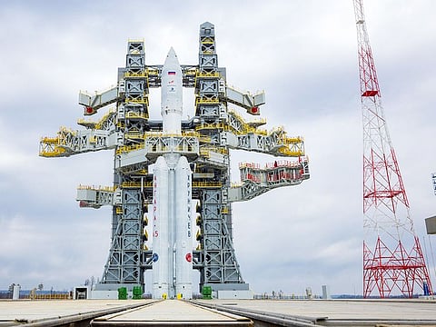 The heavy-class Angara A5 rocket at the launch pad of the Vostochny cosmodrome in the Amur region. The launch was cancelled and rescheduled for April 11, 2024 due to a technical malfunction. 