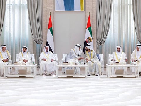 President His Highness Sheikh Mohamed received at Al Mushrif Palace in Abu Dhabi His Highness Sheikh Mohammed bin Rashid Al Maktoum, Vice President, Prime Minister and Ruler of Dubai; H.H. Dr. Sheikh Sultan bin Muhammad Al Qasimi, Supreme Council Member and Ruler of Sharjah; H.H. Sheikh Humaid bin Rashid Al Nuaimi, Supreme Council Member and Ruler of Ajman; H.H. Sheikh Hamad bin Mohammed Al Sharqi, Supreme Council Member and Ruler of Fujairah; H.H. Sheikh Saud bin Rashid Al Mu’alla, Supreme Council Member and Ruler of Umm Al Qaiwain; and H.H. Sheikh Saud bin Saqr Al Qasimi, Supreme Council Member and Ruler of Ras Al Khaimah.